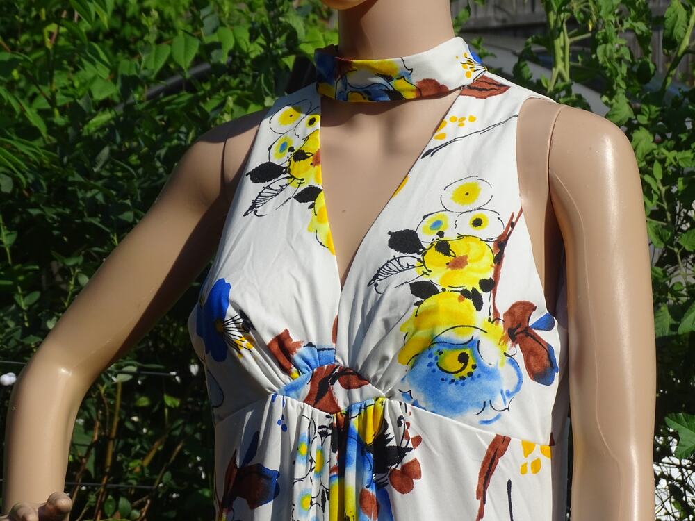 Vintage 70s Union Made Mod Floral Geometric Maxi Dress Halter Empire Waist M